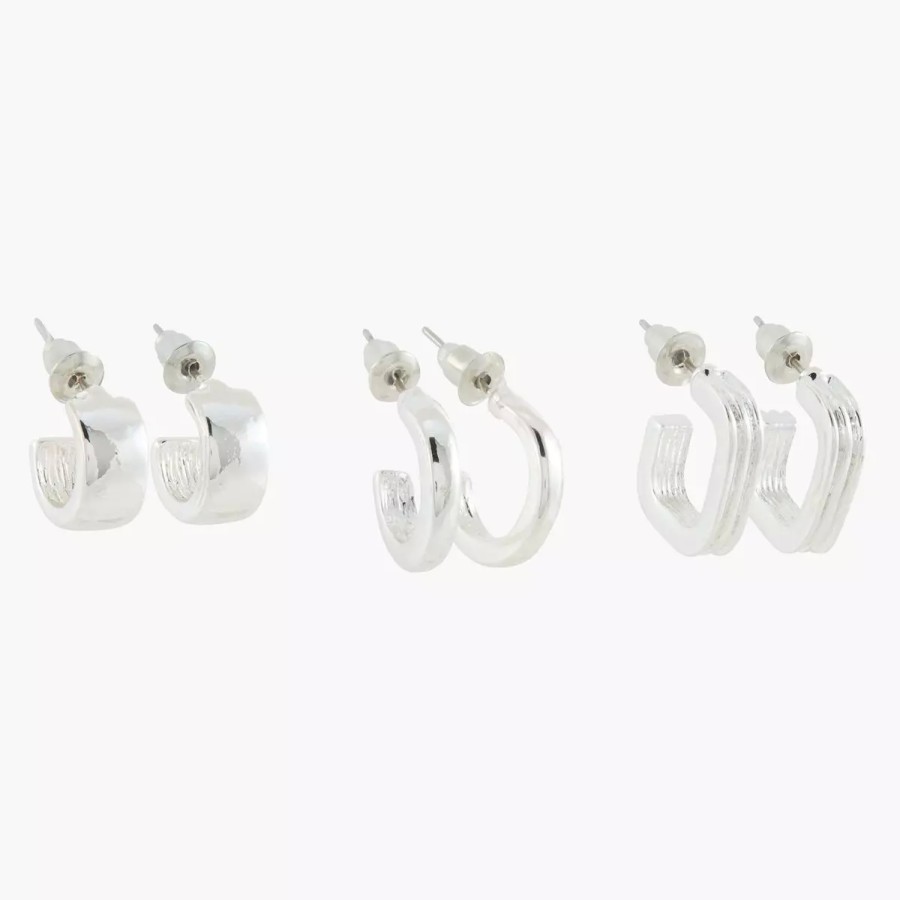 Hot Set De 3 Petites Creoles Rondes Et Carrees Silver Touch Boucles D'Oreilles