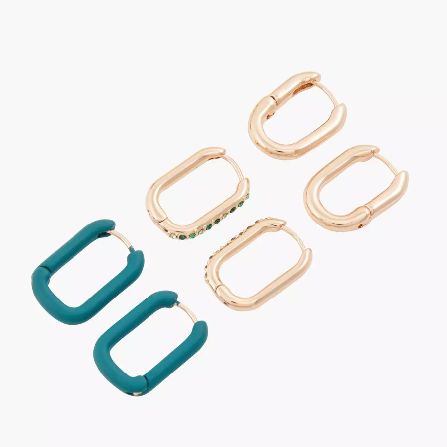 New Set De 3 Petites Creoles Rectangles Avec Strass Monte Carlo Boucles D'Oreilles