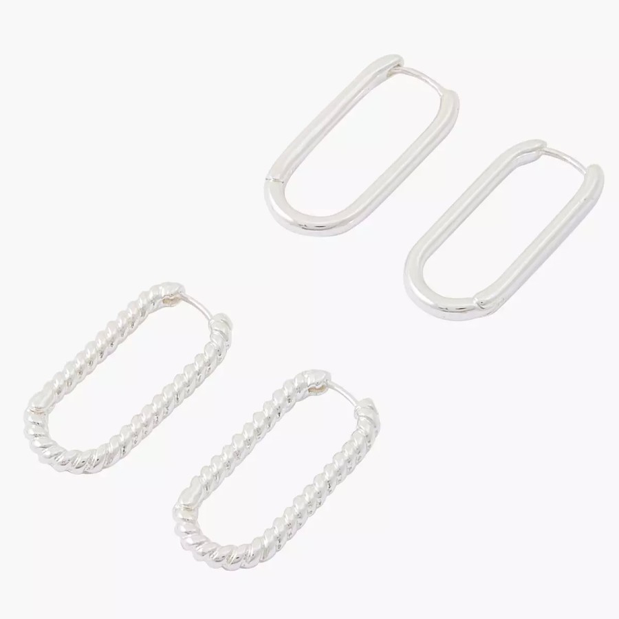 New Set De 2 Creoles Rectangles - Argente Boucles D'Oreilles